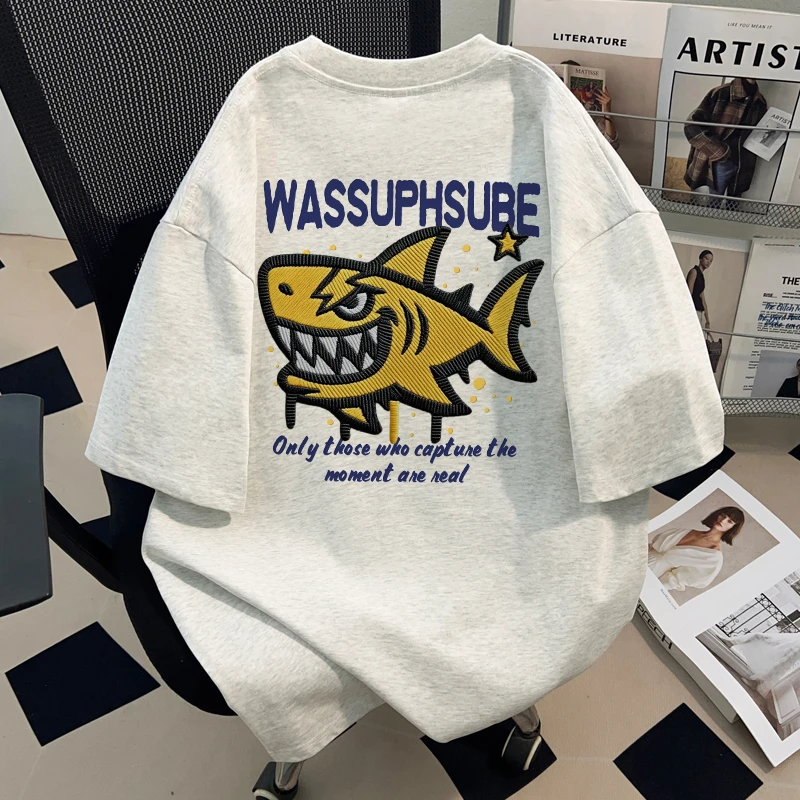 WASSUP HSUBE黄色鲨鱼重磅纯棉短袖潮牌上衣男女t恤夏季oversize