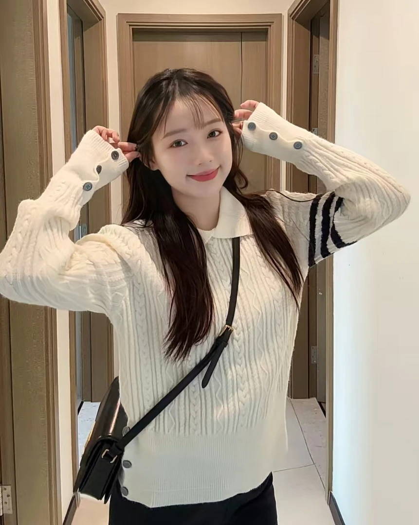 polo翻领长袖毛衣针织衫女秋冬新款修身短款收腰内搭打底正肩上衣