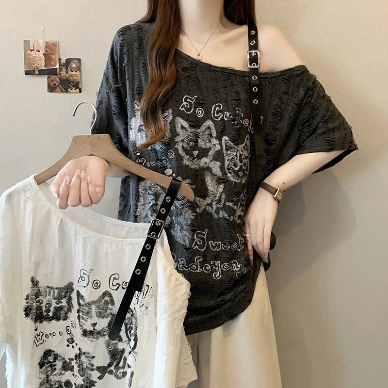 2025夏装新款胖mm大码女韩版宽松破洞卡通露肩短袖T恤