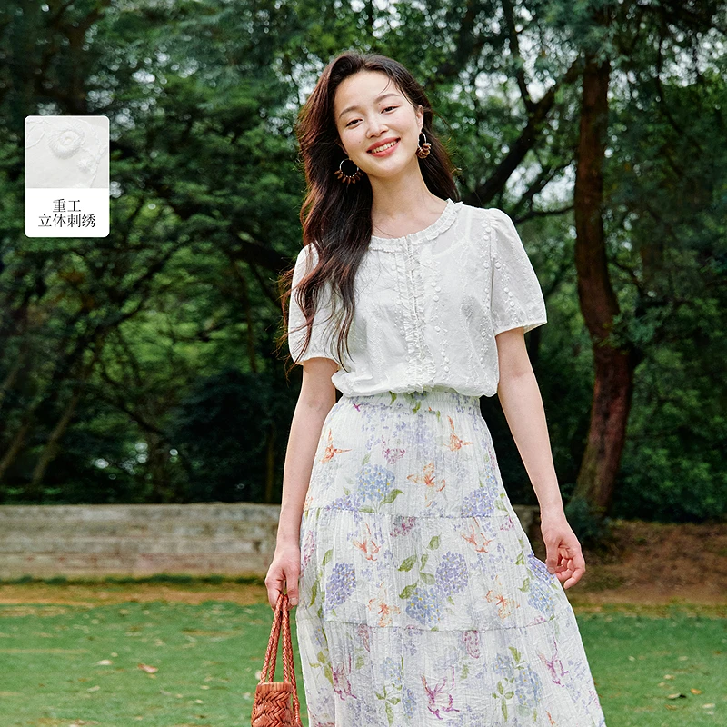 法式甜美木耳边刺绣衬衫2025夏季女装新款宽松泡泡袖气质上衣