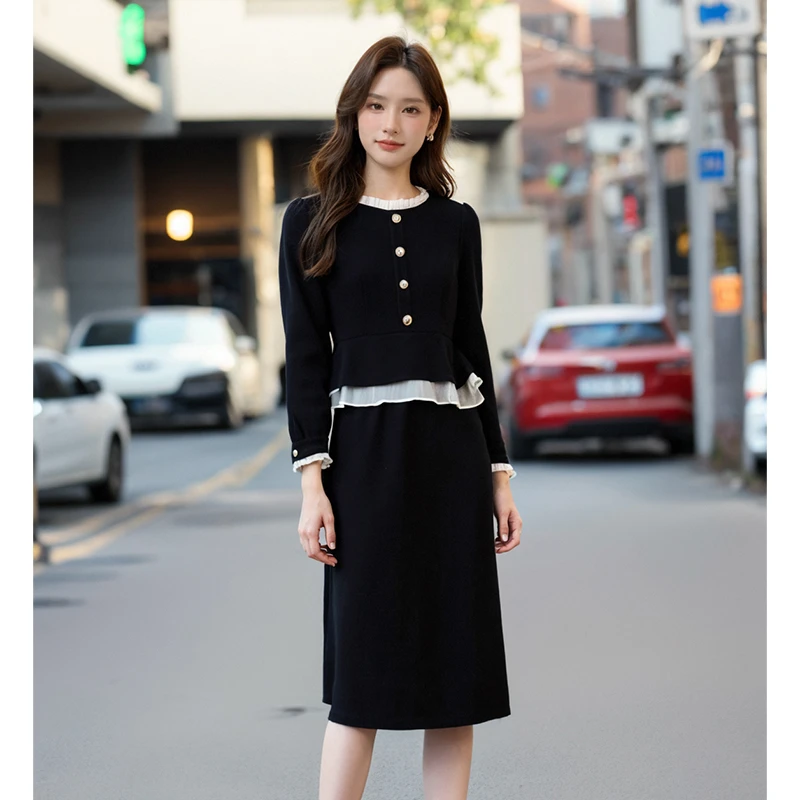 奢姿2025年春季新款大码女装花边假两件气质连衣裙女拼接小黑裙