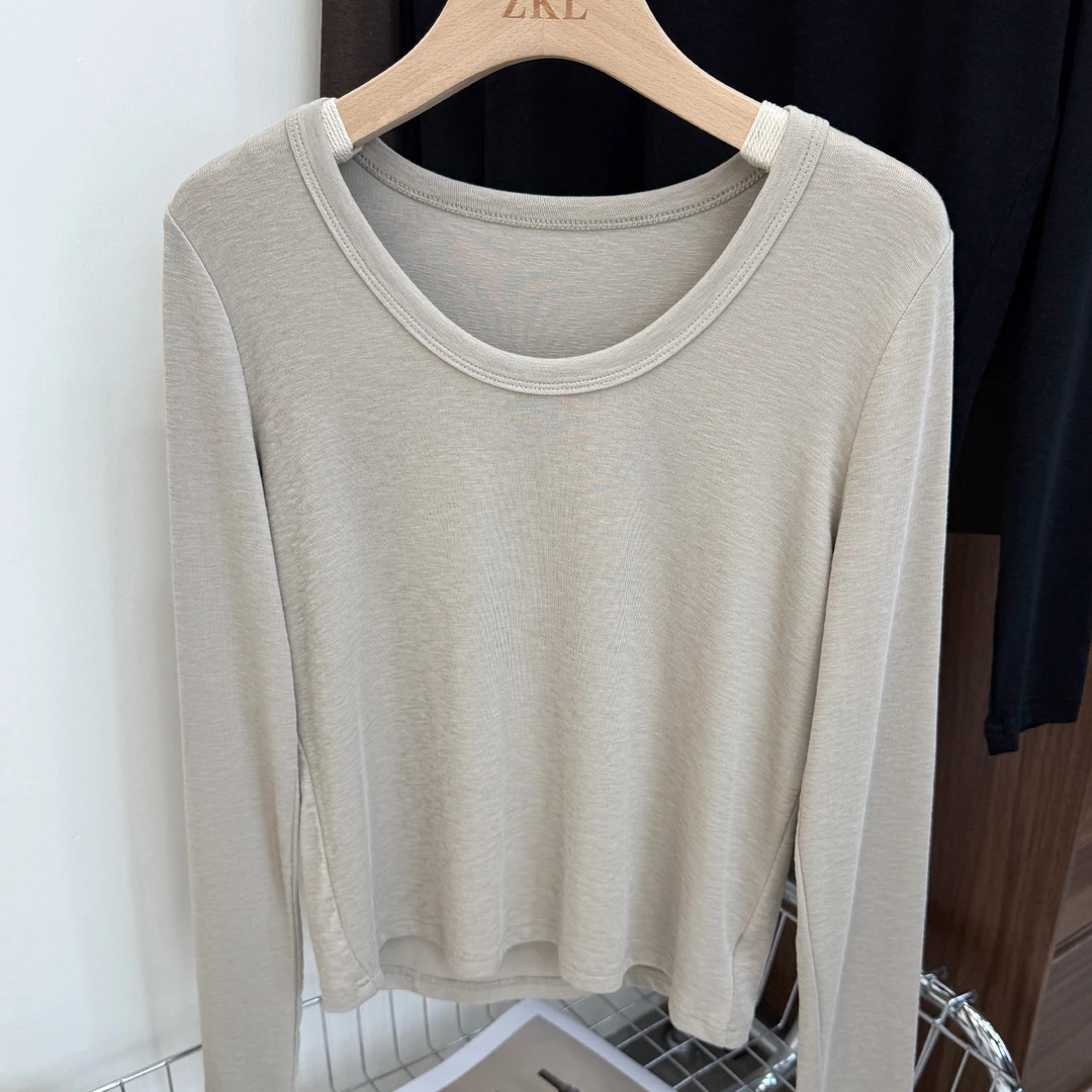 小个子秋冬U领长袖上衣兰精莫代尔打底衫白色正肩短t恤女显瘦内搭