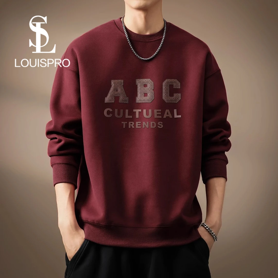 Louispro高端酒红色美式复古卫衣男2025春季新款宽松印花男士上衣