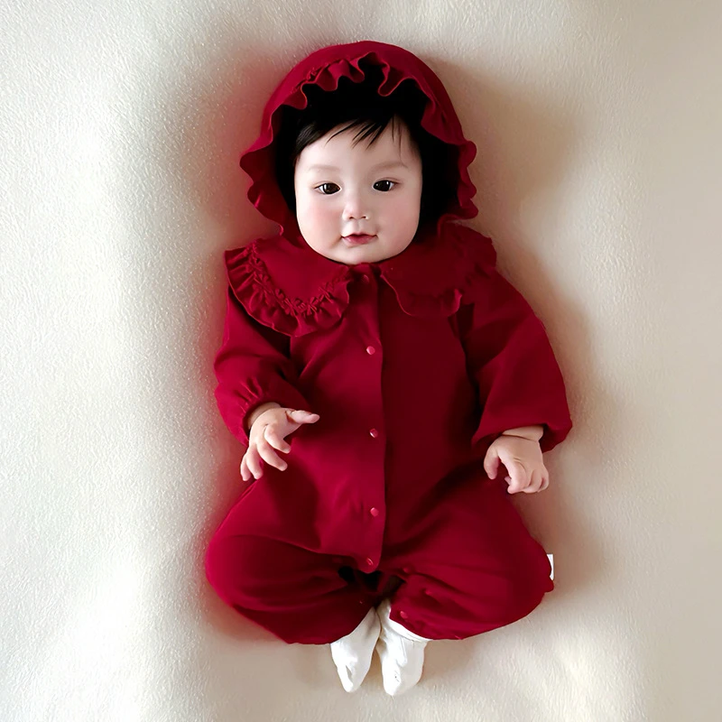 秋季婴儿连体衣长袖新款透气新生儿衣服红色长爬a类满月婴儿服装