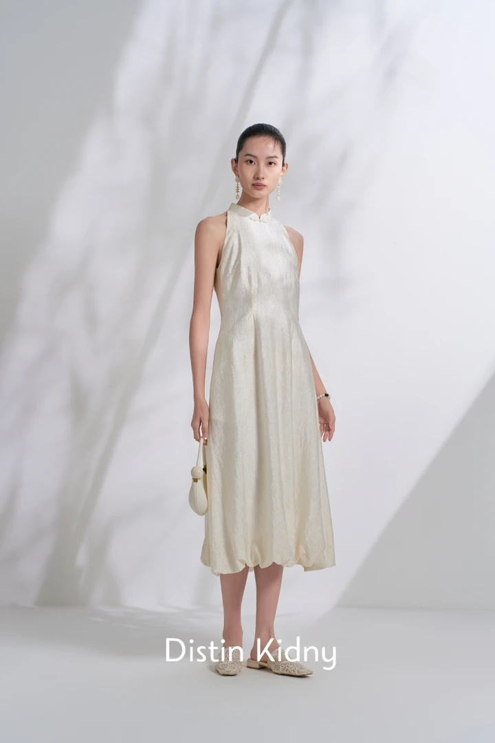 新中式国风无袖收腰显瘦花苞裙摆气质连衣裙