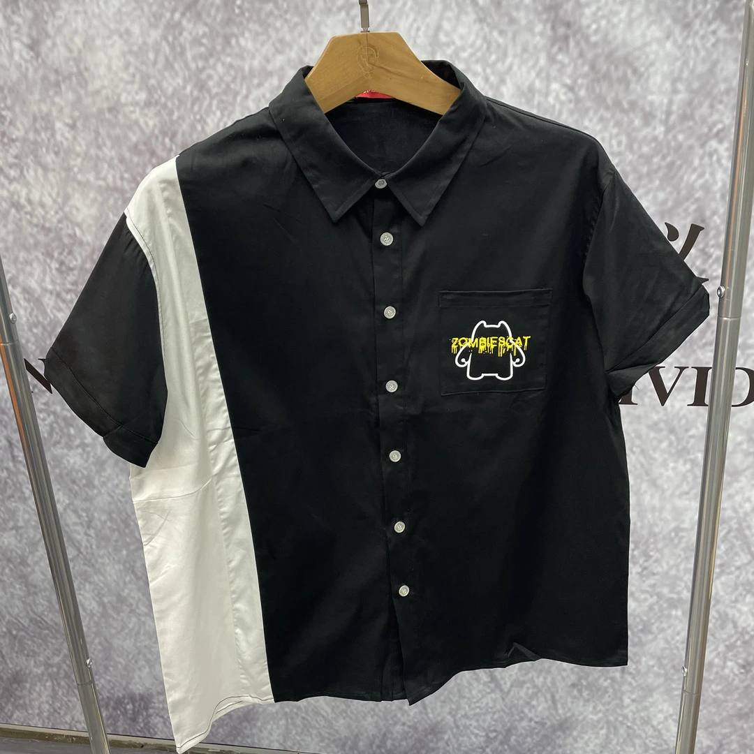 魔鬼猫情侣百搭撞色短袖衬衫