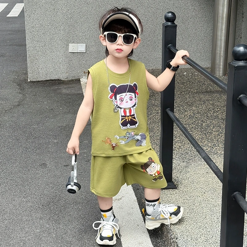 哪吒速干衣服男童夏装痞帅运动套装2025新款儿童帅气薄款短袖两件