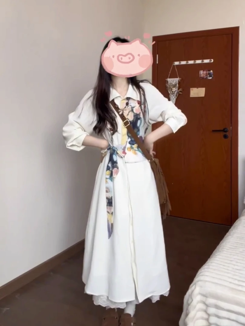 法式复古白色长袖油画气质假两件衬衫裙2025夏季新款显瘦连衣裙