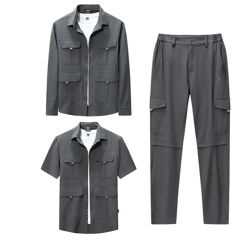 A139弹力男士三件套长袖衬衫短袖衬衣多袋休闲裤户外时尚休闲宽松