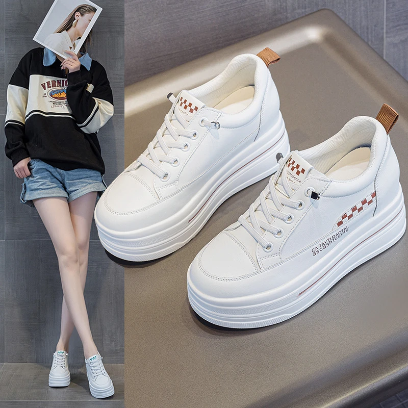 真皮小白鞋女2025春季新款鞋子百搭小个子高跟厚底松糕内增高女鞋