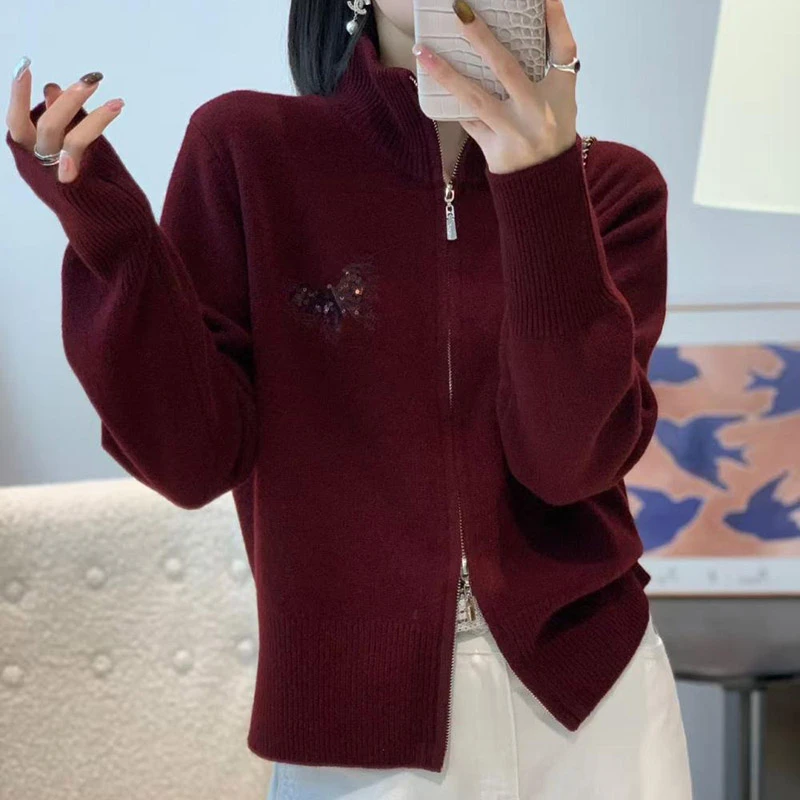 【香嘉怡新品】XJYE874女士上衣100绵羊毛半高领开衫秋冬针织衫