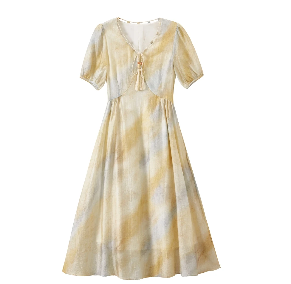 【日落晚霞】V领国风改良设计中长款轻盈连衣裙