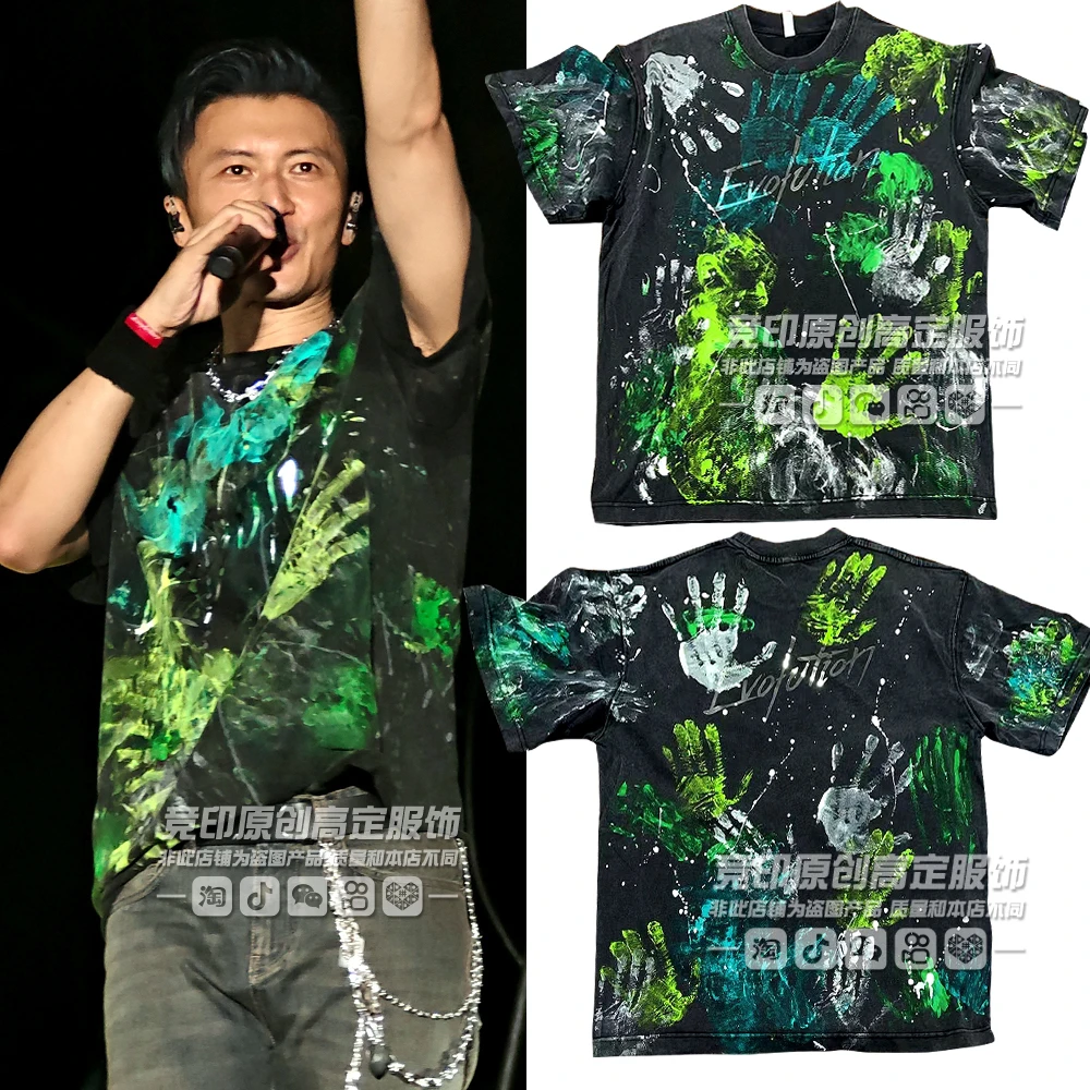 谢霆锋哥杭州演唱会同款短袖t恤洗水做旧磨破进化Evolution上衣