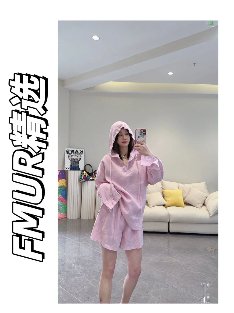 FMUR 【8006】夏季新款设计感小众时尚休闲连帽宽松百亚麻短裤套装
