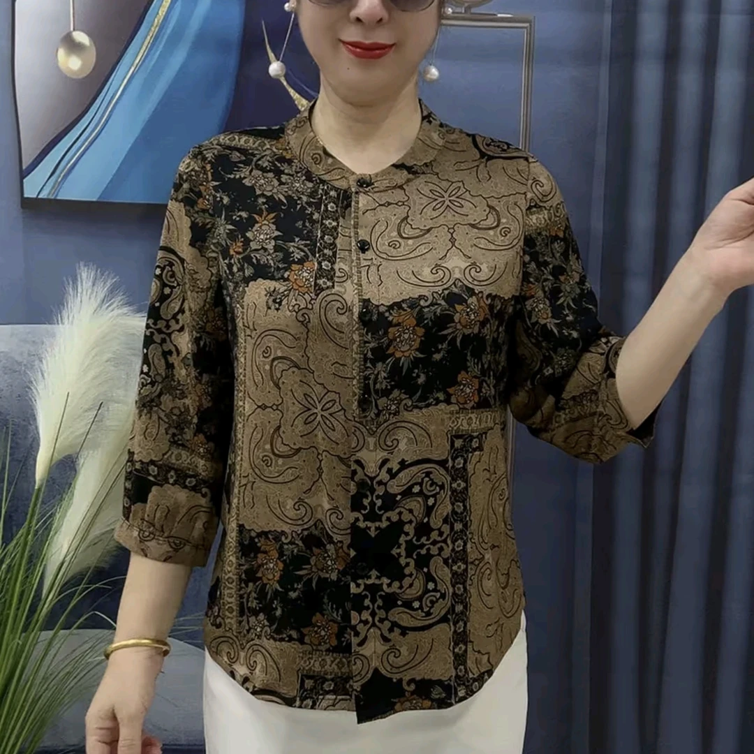 时尚夏季新款圆领丝薄舒爽妈妈款开衫衬衣