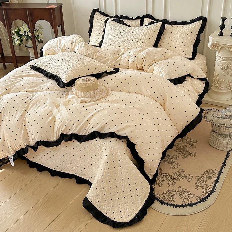 新款法式花边床盖款四件套加厚夹棉床盖赫本风可机洗床上用品套件