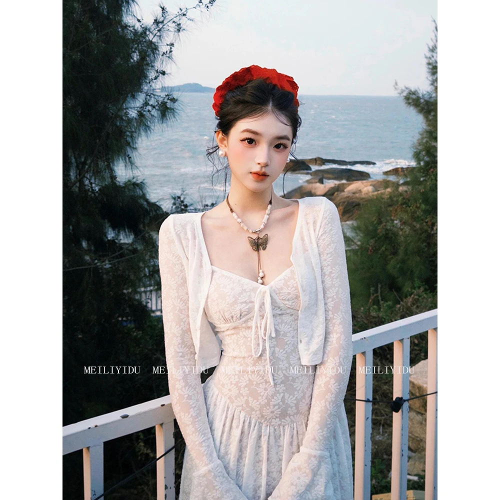 withmin凉皮月光与诗 法式复古收腰欧若风吊带连衣裙+开衫外套