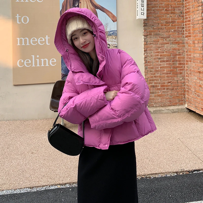 TIANXIAOER/甜小二羽绒服女冬白鸭绒小个子短款面包轻薄花苞连帽