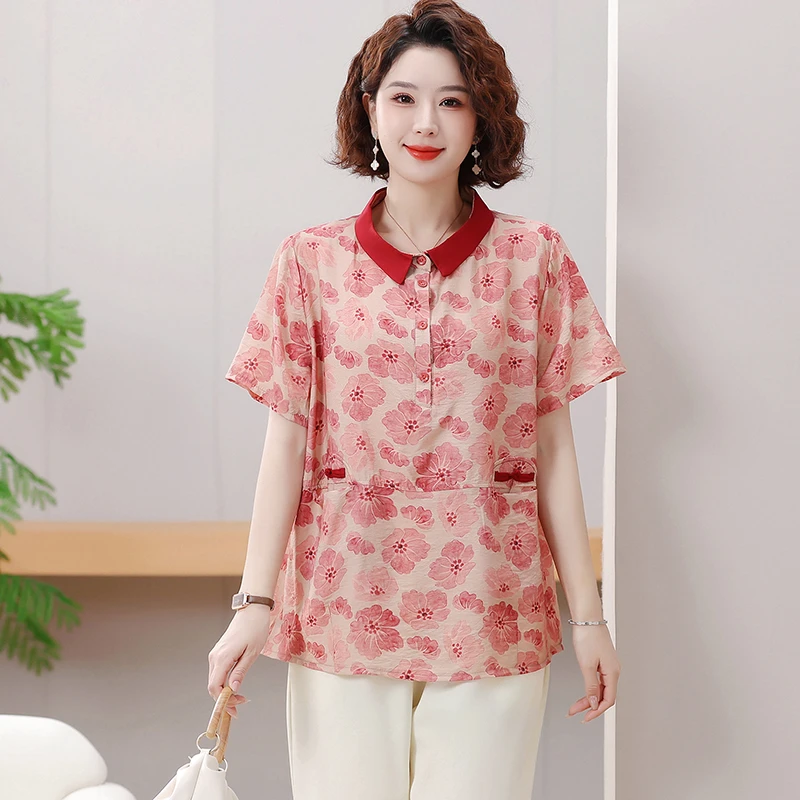 130-240斤特大码妈妈装夏季休闲宽松碎花短袖衬衣中老年女装衬衫