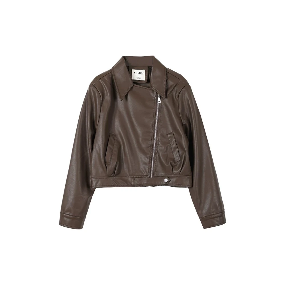 B11咖色短款翻领机车皮衣女秋冬设计感小众斜拉链