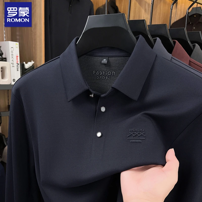 罗蒙中年长袖Polo衫男士春秋新款商务休闲纯色翻领Polo打底衫上衣