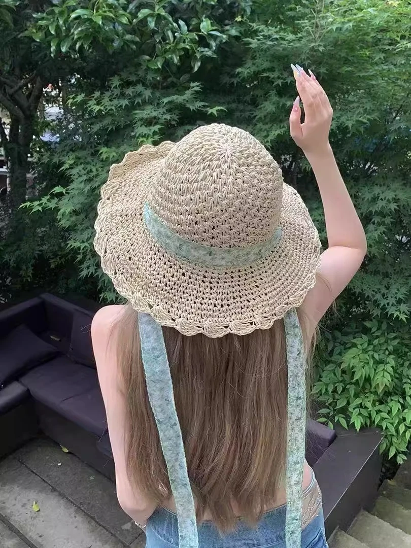 帽子女沙滩帽韩版大檐百搭蕾丝春季草编草帽夏季编织蝴蝶结小清新