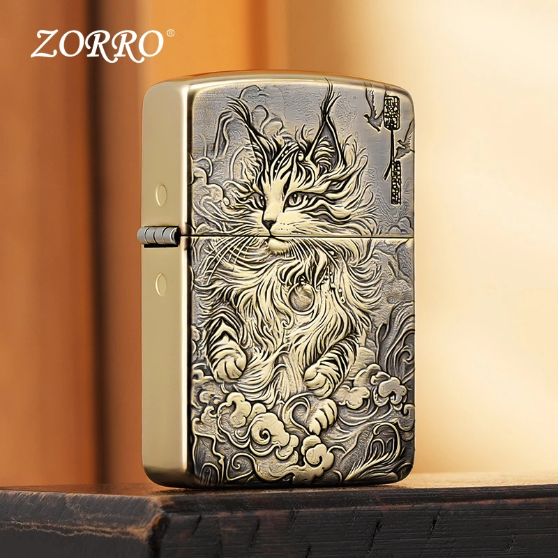 ZORRO佐罗Z910S黄铜浮雕好奇猫防风煤油打火机加厚送男生520礼物