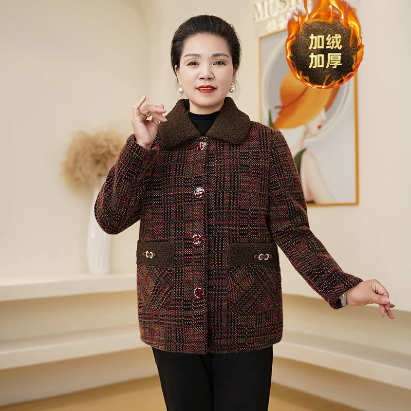 母亲洋气衣服冬季新中式时尚格纹翻领单排扣外套拼接加绒加厚棉衣