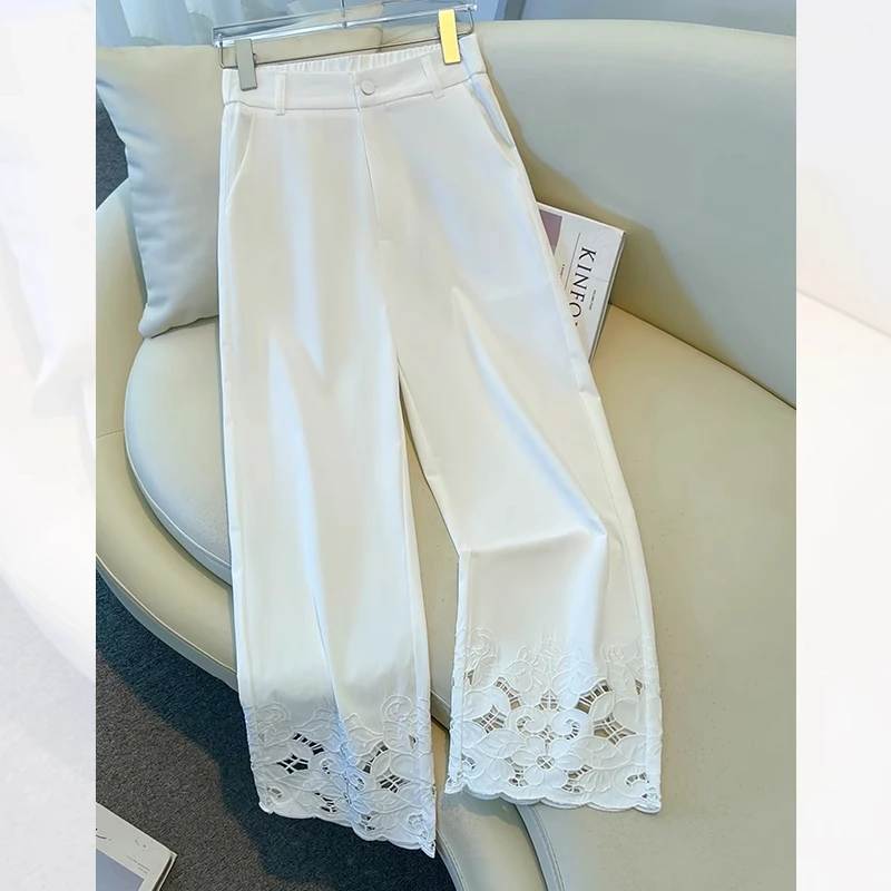 拉夏贝尔白色蕾丝直筒裤女夏季薄款2025新款凉凉小个子镂空九分裤