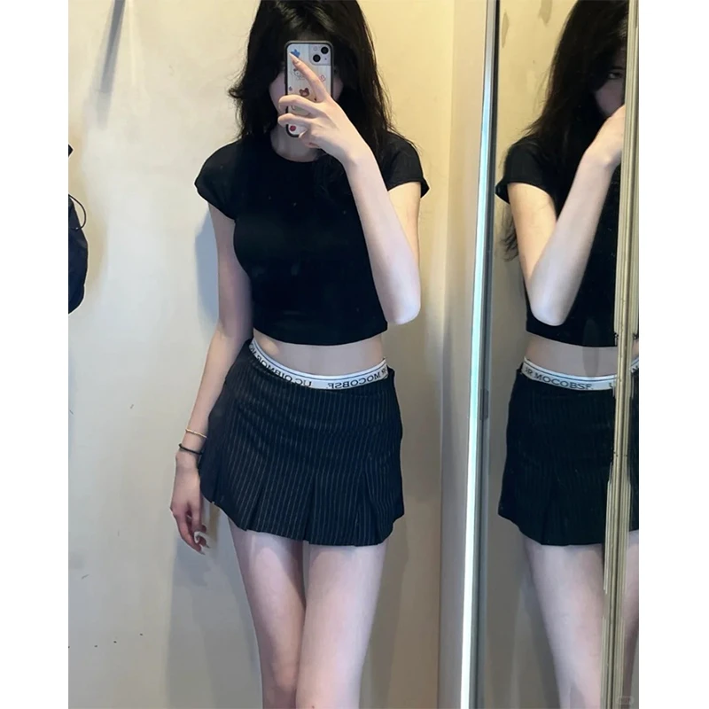 夏季新款韩版简约短袖女T恤打底衫百搭软糯显瘦上衣气质网红黑色