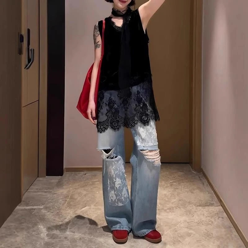 韩系chic甜辣妹夏季胖mm大码穿搭黑色蕾丝内搭无袖中长款叠穿上衣