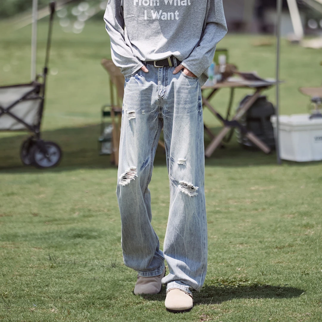 美式高街破洞磨毛潮流设计感修身牛仔裤男生百搭休闲宽松直筒长裤