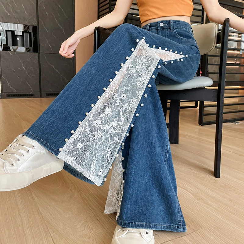 天丝蕾丝珍珠喇叭牛仔裤女2025夏季弹力超火宽松梨型身材阔腿裤子