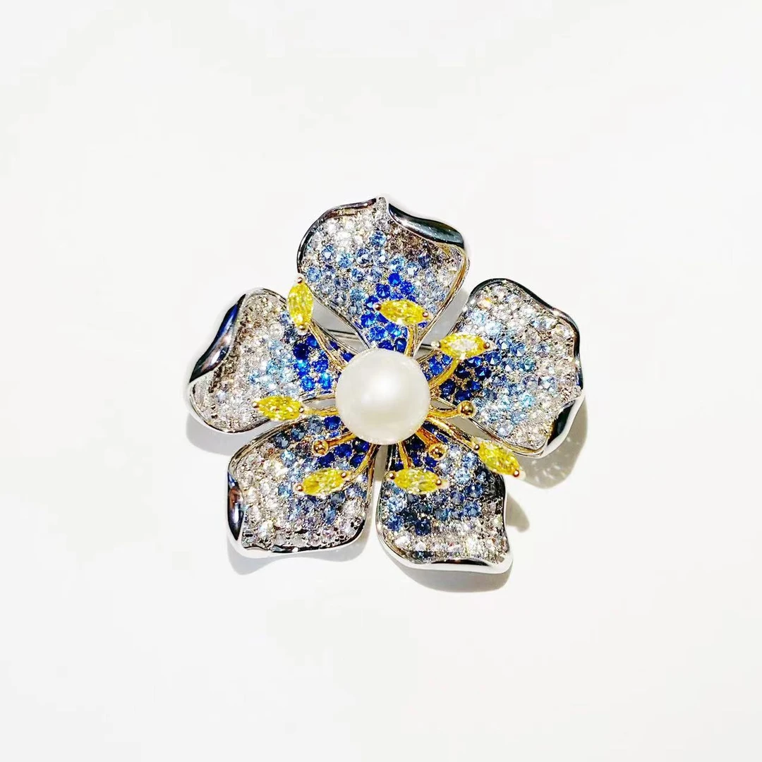 kasiya/卡思雅 铜合金锆石胸针 XZ25105-057设计感蓝色五瓣花胸针