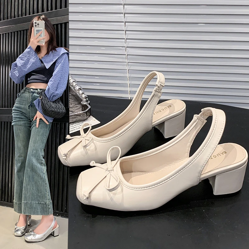 SHAOE【粉丝福利】新款方头蝴蝶结时尚复古后镂空高跟女单鞋上班族