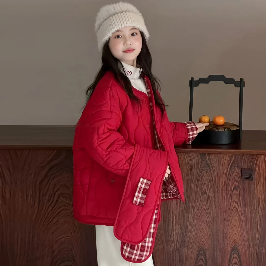 韩国童装2025秋冬新款女童双面穿棉服外套儿童红色拜年服加厚棉衣