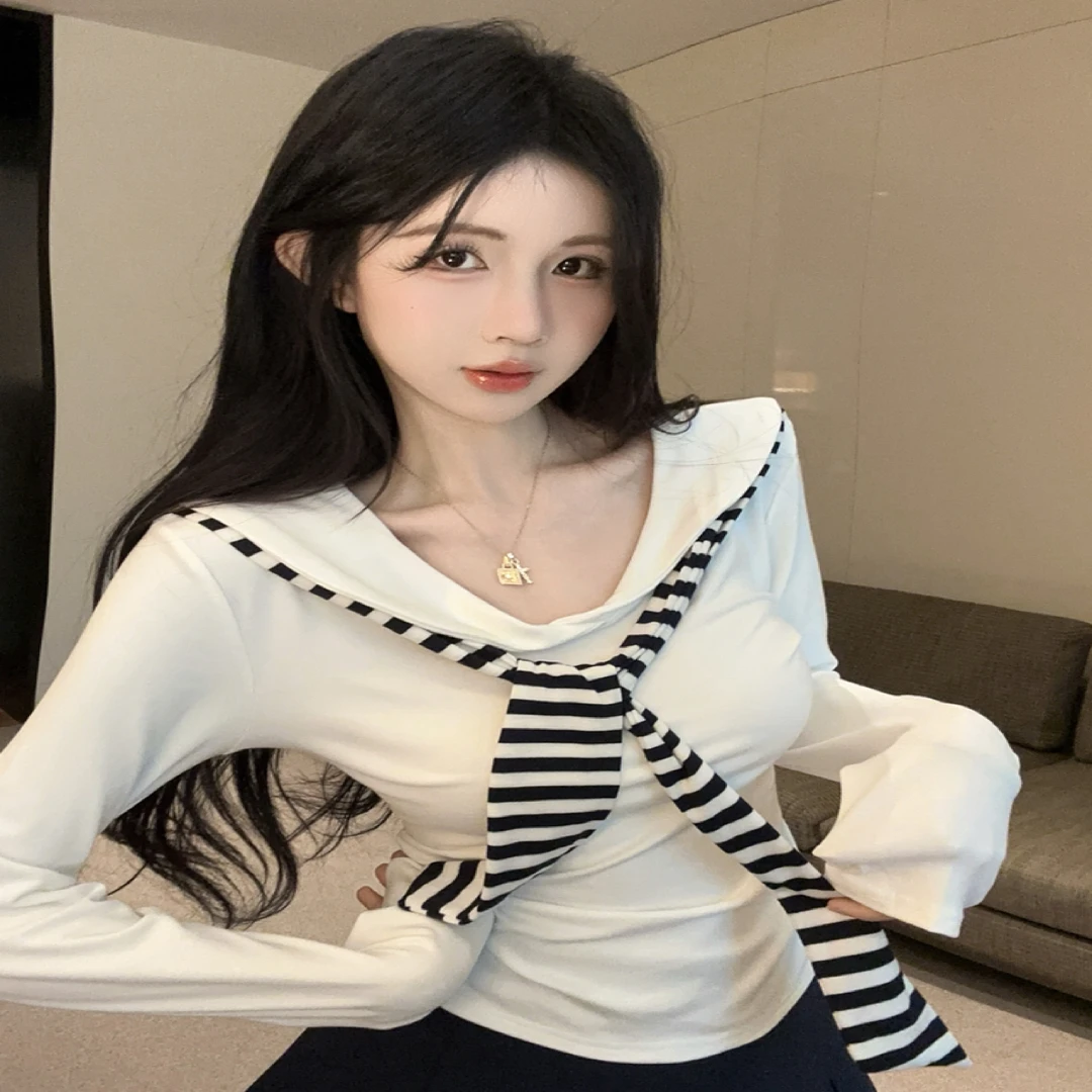 芳芳专属新款修身显瘦海军假两件披肩长袖T恤女纯欲慵懒风女装