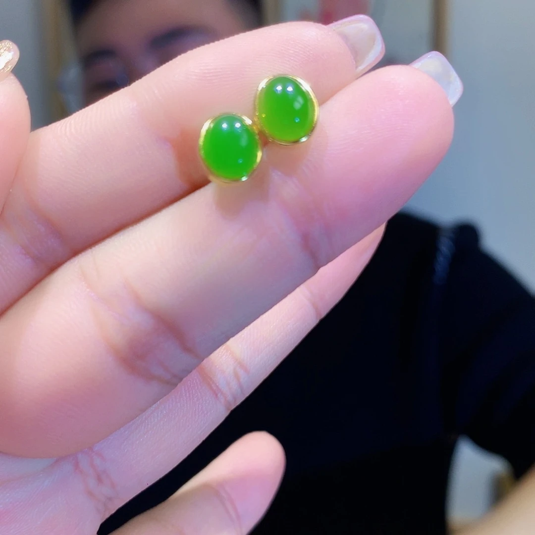 和田玉（碧玉）耳饰银S925镀金镶嵌