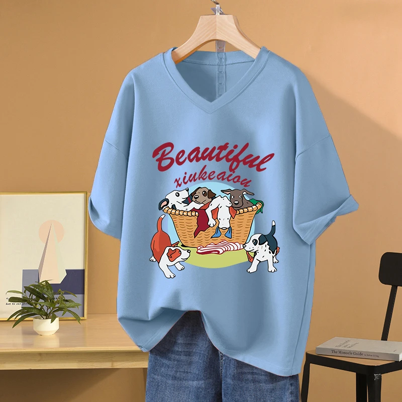 200斤胖mm宽松百搭V领纯棉短袖t恤女设计感小众大码显瘦休闲上衣