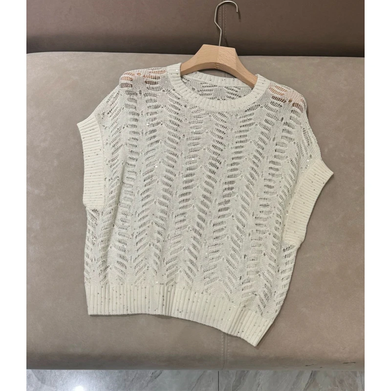 MUFEIGE 圆领针织镂空亮片上衣女-2247#