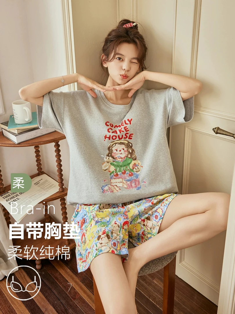 女士夏季睡衣短袖短裤家居服睡衣套装HMF2678