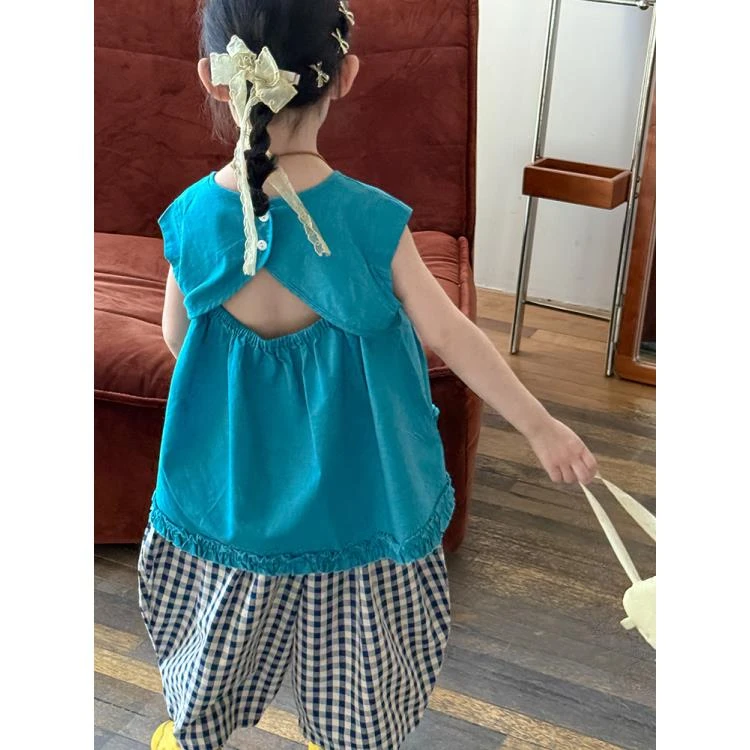 「氧气宝瓶蓝」 纯色镂空上衣 宽松格子萝卜裤九分裤