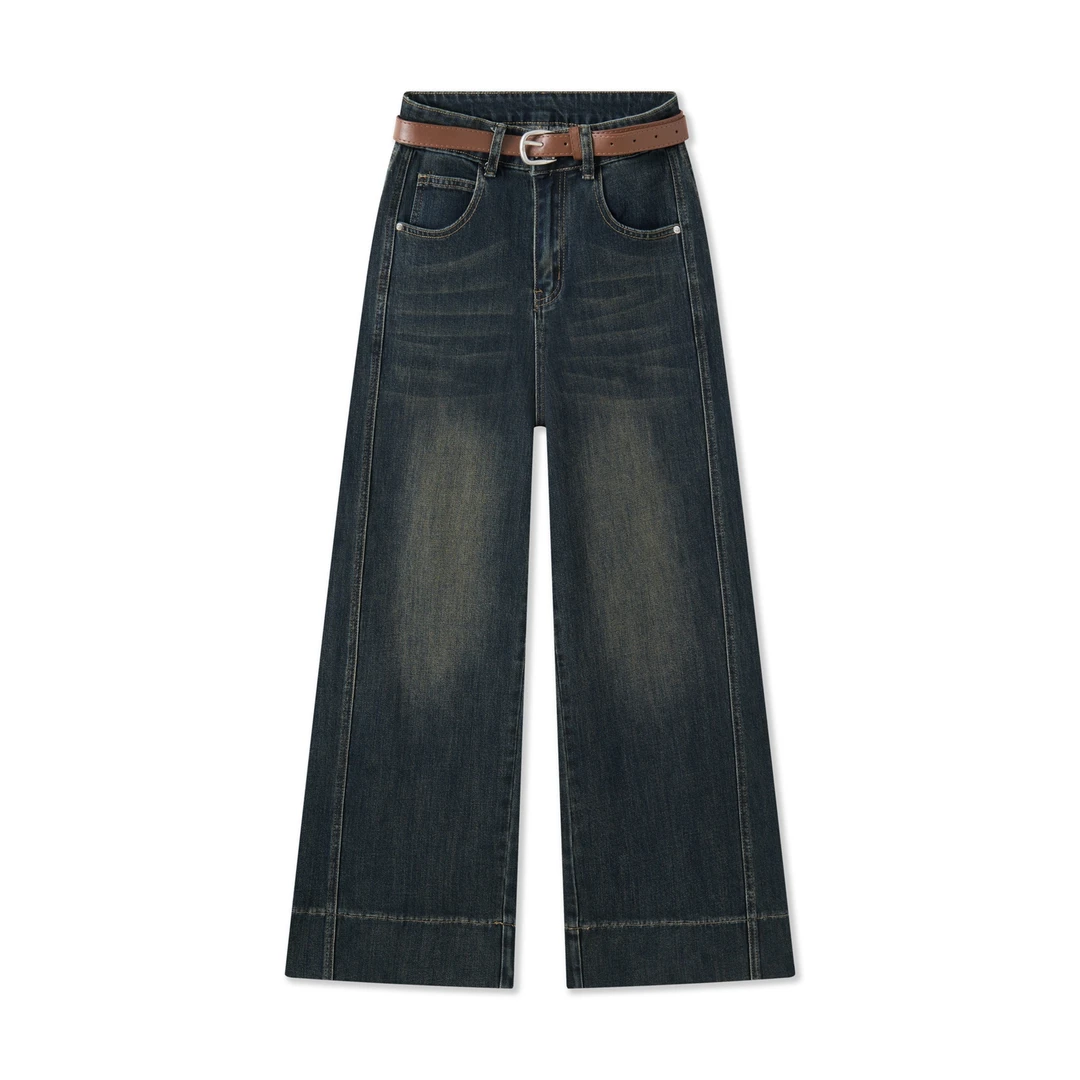 【游山恋】秋复古宽松显瘦牛仔裤显瘦高腰直筒八九分深蓝窄版阔腿裤