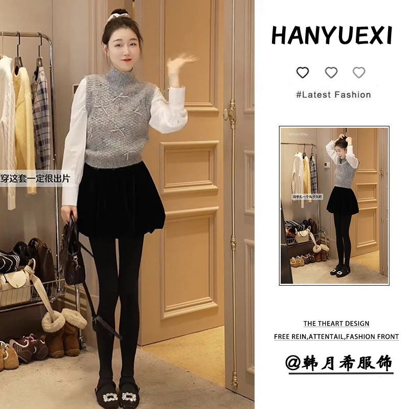 入秋一整套女装2024新款韩版显瘦高领假两件针织时尚百褶裙两件套