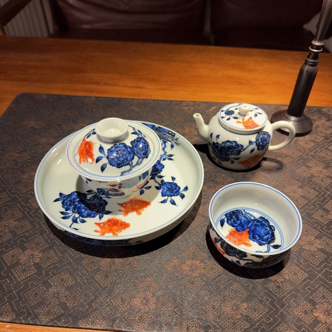 观山见物青花矾红大桃花鳜鱼盖碗炉式杯壶承茶壶纯手工手绘景德镇