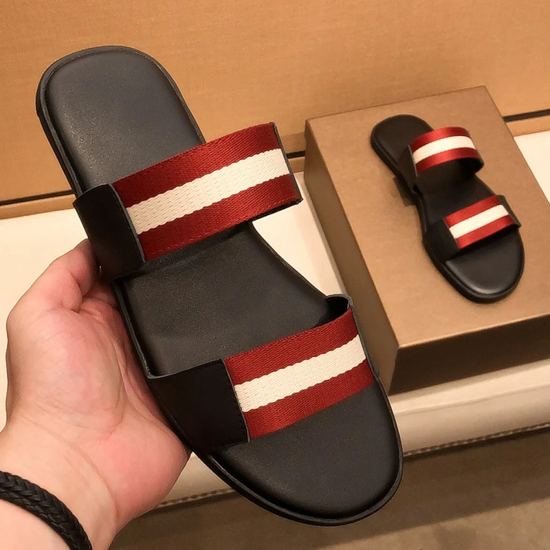 纽斯赫肯高端真皮拖鞋男士夏季新款时尚拼色织带外穿高级感一字拖