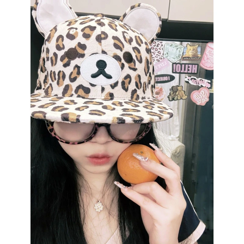 新款潮流韩版复古y2k帽子豹纹棒球帽显脸春秋可爱耳朵个性鸭舌帽