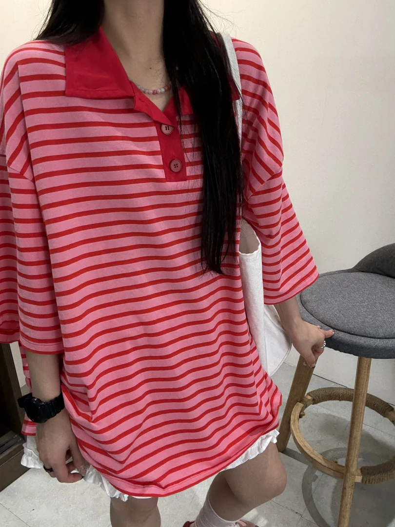 韩版新款条纹polo领短袖T恤休闲洋气时尚百搭宽松