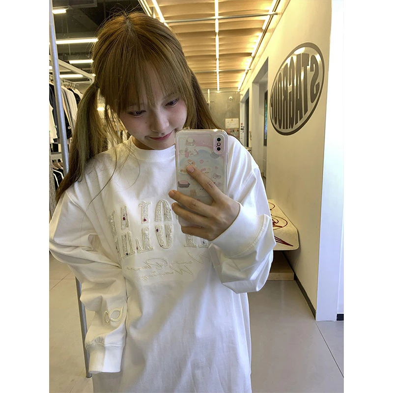 美式高街字母刺绣长袖T恤女春秋季小个子设计感宽松内搭体恤上衣