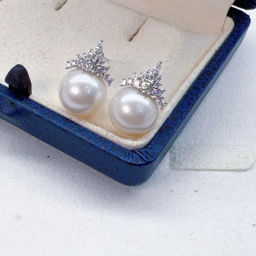 11-12mm 天然大白珍珠耳钉 淡水珍珠耳饰 s925银